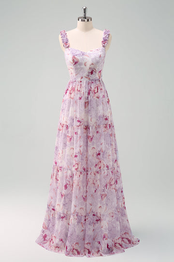 Vestido largo de dama de honor floral con tirantes de espagueti gris morado de una línea